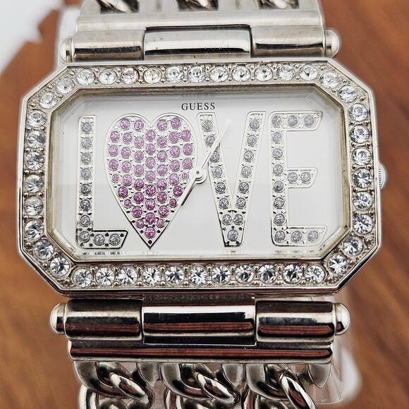 Y2K Guess Rhinestone Love Bling Watch Silver Tone Chain Link Wide Bracelet Band - Picture 2 of 8